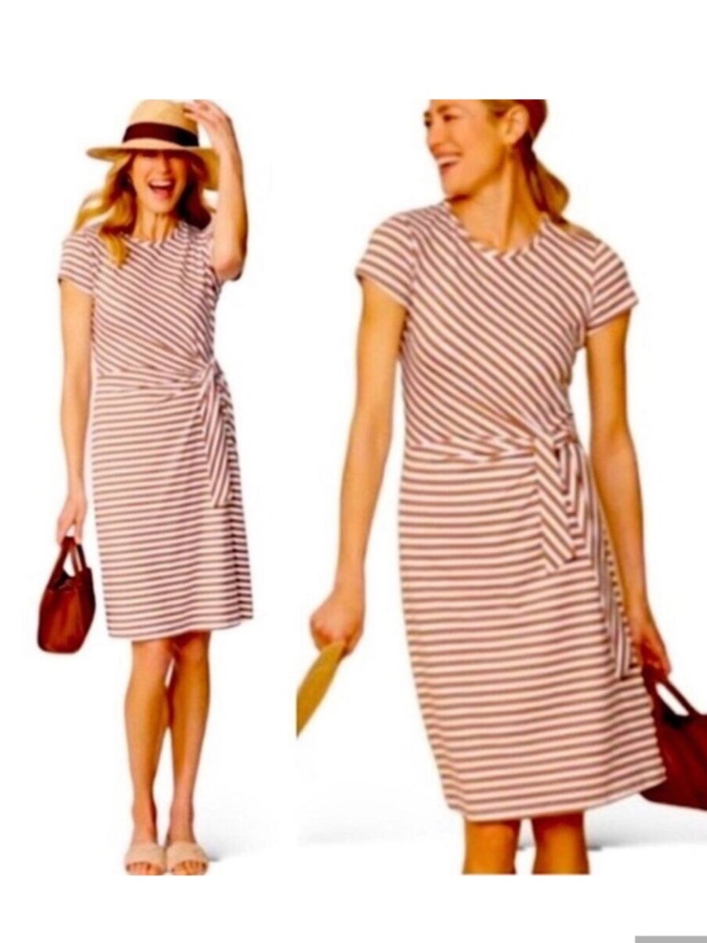 J. McLaughlin Elora Dress Size Medium Tan White Stripe Catalina Cloth Tie Waist